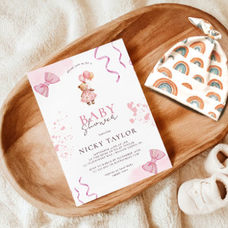 Invitation Baby shower d'ours en peluche rose