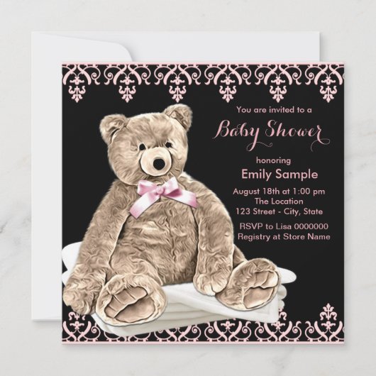 Invitation Baby shower d'ours en peluche rose (Devant)