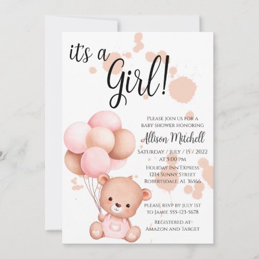 Invitation Baby shower d'ours en peluche rose et blanc (Devant)