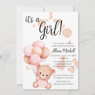 Invitation Baby shower d'ours en peluche rose et blanc