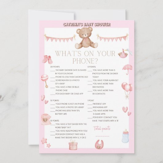 Invitation Baby shower d'ours en peluche rose - Nom modifiabl (Devant)