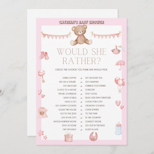 Invitation Baby shower d'ours en peluche rose - Nom modifiabl (Devant / Derrière)