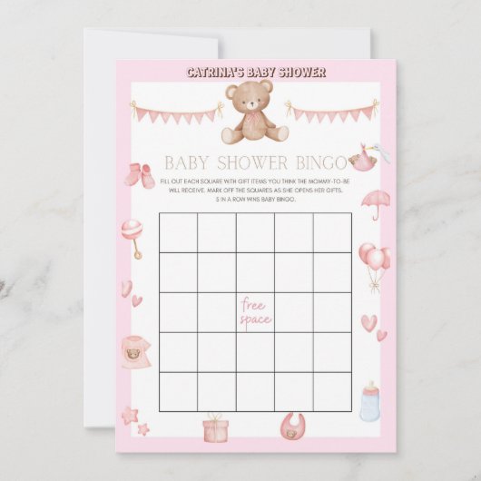 Invitation Baby shower d'ours en peluche rose - Nom modifiabl (Devant)