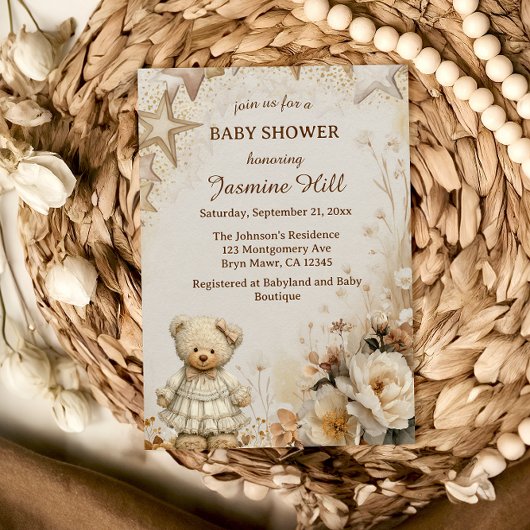 Invitation Baby shower d'ours en Teddy Beige vintage