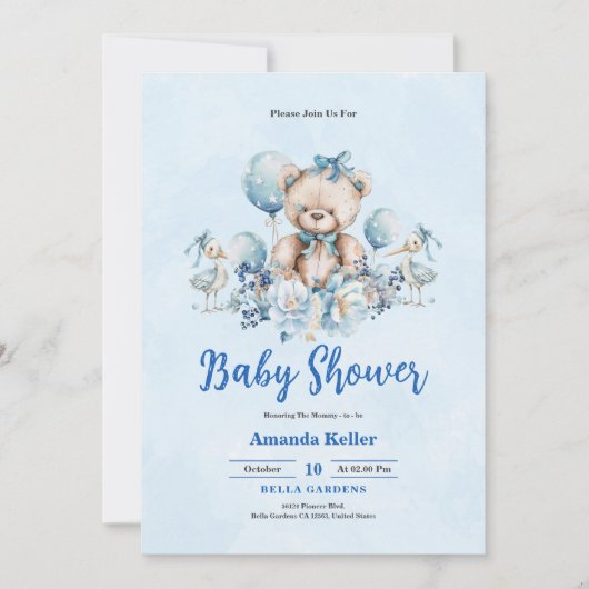 Invitation Baby shower d'ours en tourbe bleu (Devant)
