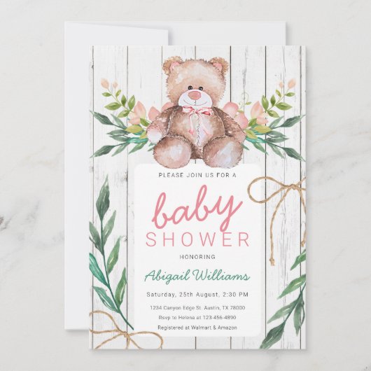 Invitation Baby shower d'ours en tourbe de bois rustique (Devant)