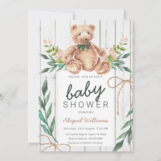 Invitation Baby shower d'ours en tourbe vert rustique (Devant)