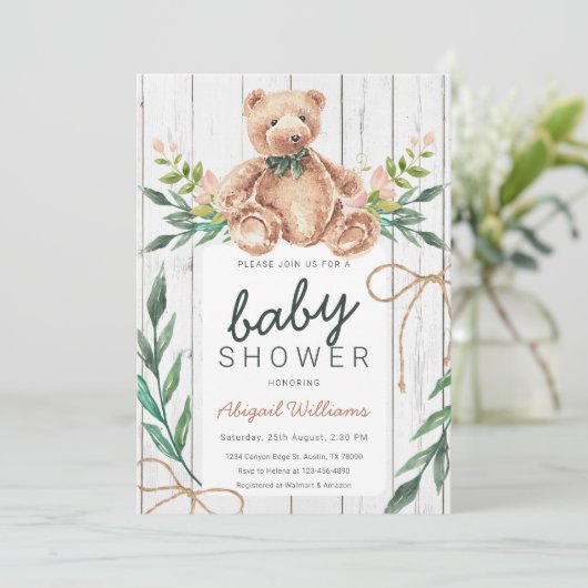 Invitation Baby shower d'ours en tourbe vert rustique (Debout devant)