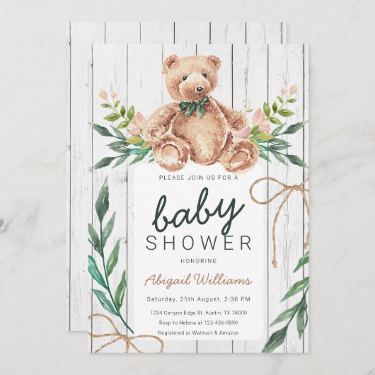 Invitation Baby shower d'ours en tourbe vert rustique (Devant / Derrière)