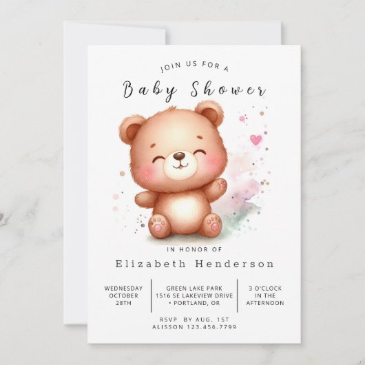 Invitation Baby shower d'ours imprimable enchanté (Devant)