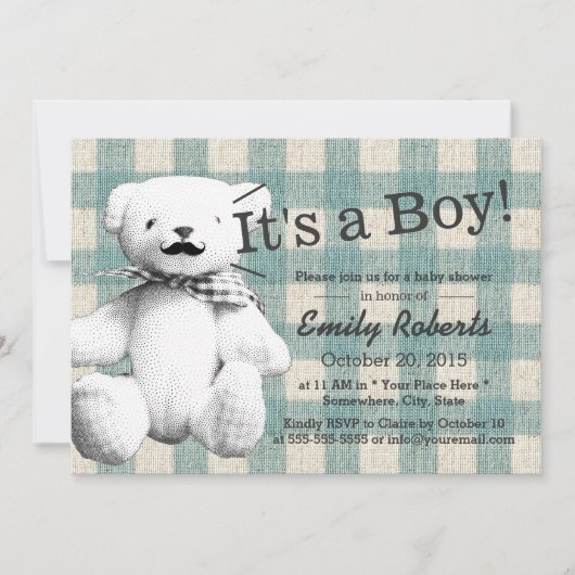 Invitation Baby shower d'ours mignon à la moustache (Devant)