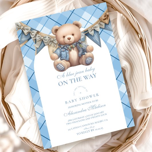Invitation Baby shower d'ours moderne Denim Teddy
