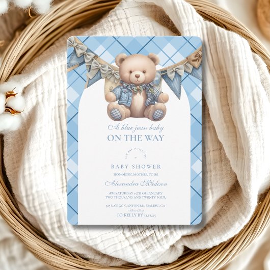 Invitation Baby shower d'ours moderne Denim Teddy