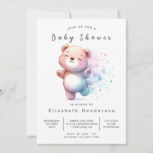 Invitation Baby shower d'ours modifiable enchanté (Devant)