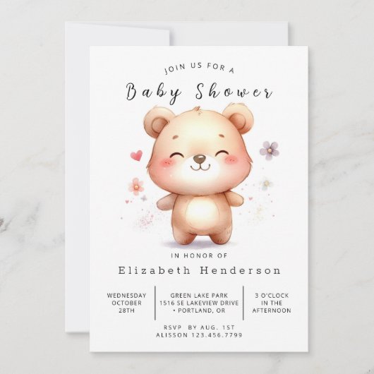 Invitation Baby shower d'ours modifiable Whimsical (Devant)