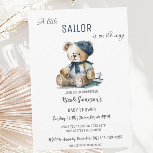 Invitation Baby shower d'ours nautique de la Marine