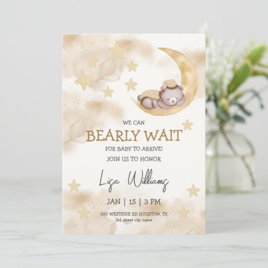 Invitation Baby shower d'ours neutre pour les femmes Nous pou (Debout devant)