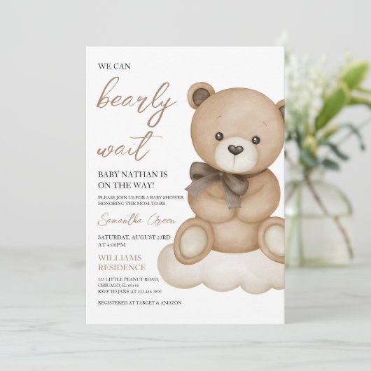 Invitation Baby shower d'ours neutre pour les hommes (Debout devant)