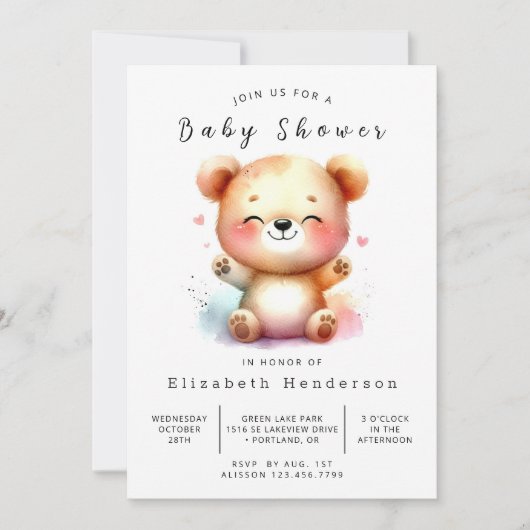 Invitation Baby shower d'ours numérique unique (Devant)