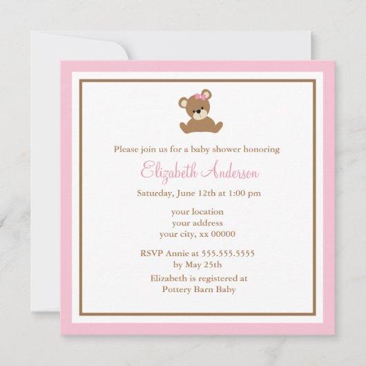 Invitation Baby shower d'ours rose (Devant)