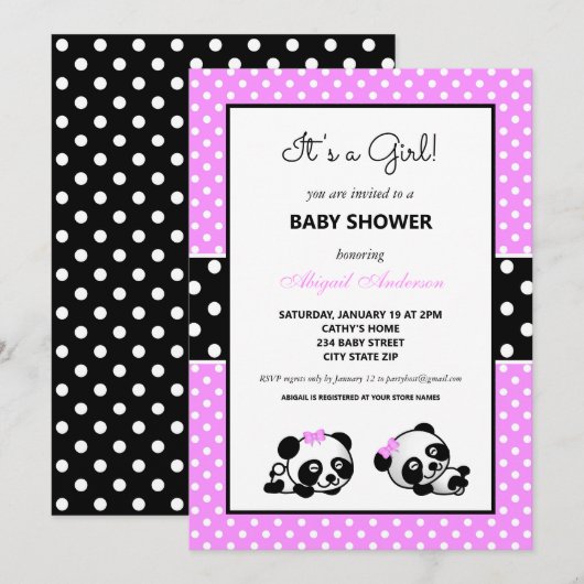 Invitation Baby shower d'ours rose et noir Panda (Devant / Derrière)