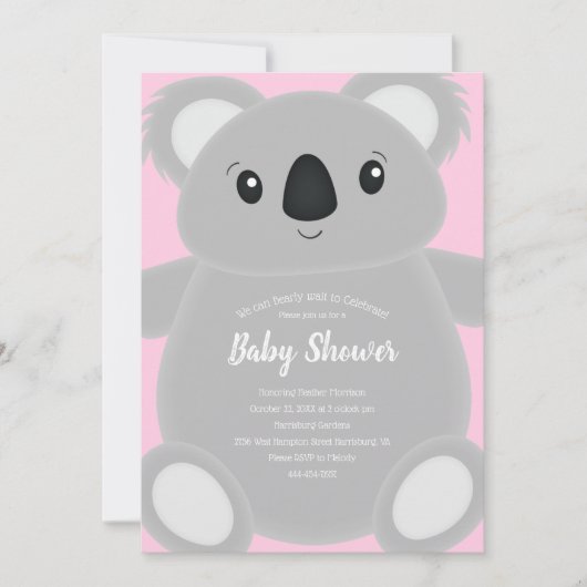 Invitation Baby shower d'ours rose Koala (Devant)
