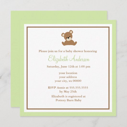 Invitation Baby shower d'ours vert (Devant / Derrière)