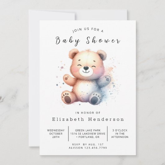 Invitation Baby shower d'ours Whimsical Printable (Devant)
