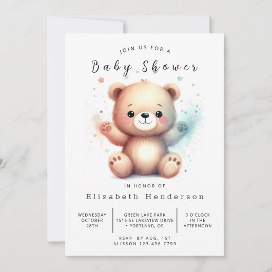 Invitation Baby shower d'ours Whimsy Printable (Devant)