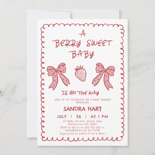 Invitation Baby shower doux à la fraise rouge tiré à la main (Devant)