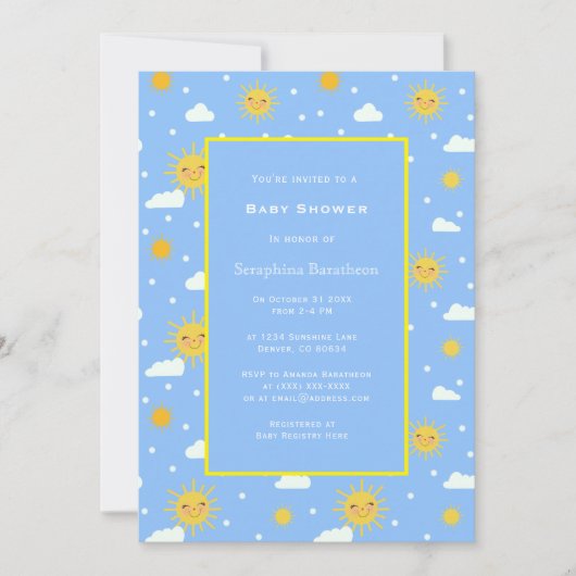 Invitation Baby shower doux bleu bleu jaune soleil (Devant)