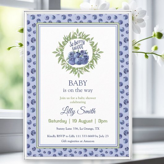 Invitation Baby shower doux de Berry Motif bleu bleuet