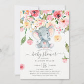 Invitation Baby shower doux éléphant Pink Peonies (Devant)