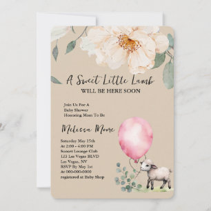 Invitation Baby shower doux petit agneau rose ballon