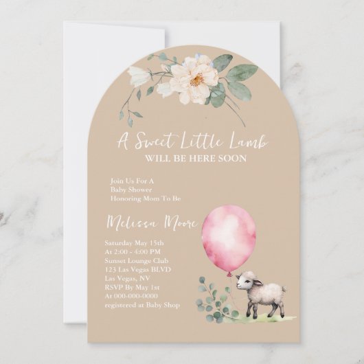 Invitation Baby shower doux petit agneau rose ballon (Devant)