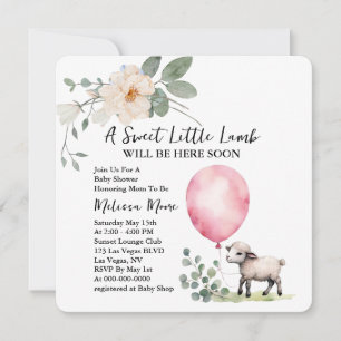 Invitation Baby shower doux petit agneau rose ballon