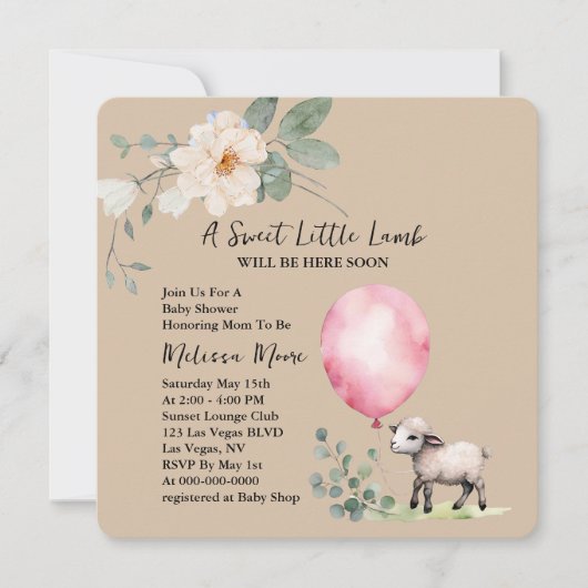 Invitation Baby shower doux petit agneau rose ballon (Devant)
