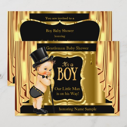 Invitation Baby shower doux Pièges d'or noir Brunette (Devant / Derrière)