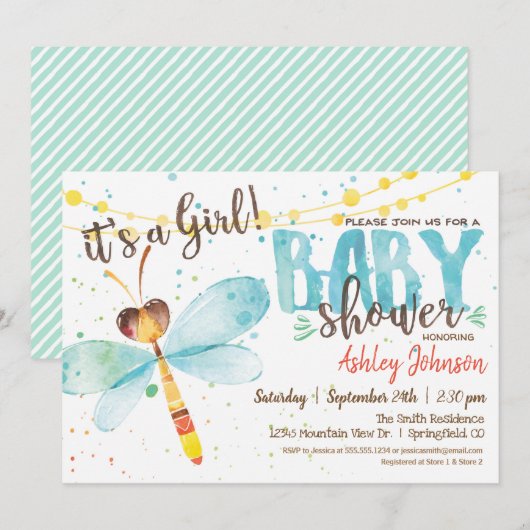 Invitation Baby shower dragonfly, Girl (Devant / Derrière)