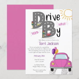 Invitation Baby Shower Drive By Fille Rose Voiture pour Fille