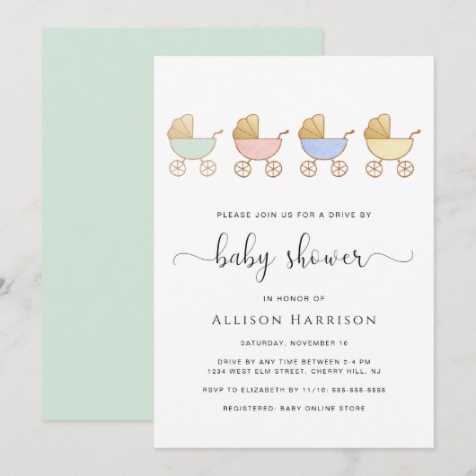 Invitation Baby Shower Drive By Retro Parade de Landau (Devant / Derrière)