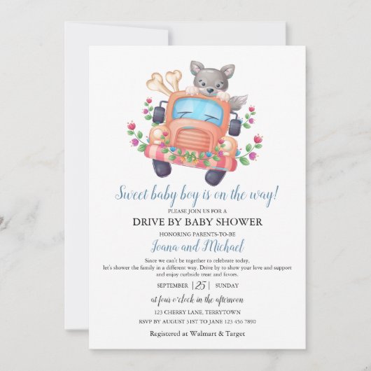 Invitation Baby Shower Drive Through pour le petit garçon lou (Devant)