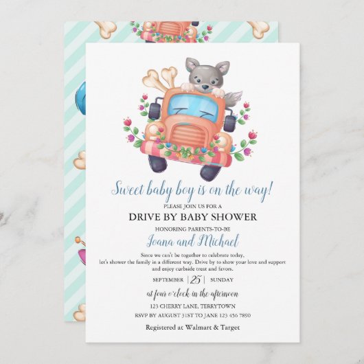 Invitation Baby Shower Drive Through pour le petit garçon lou (Devant / Derrière)
