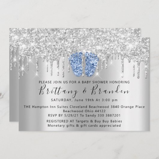 Invitation Baby shower Drives Parties scintillant Pieds Bleus (Devant / Derrière)