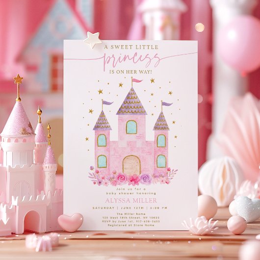 Invitation Baby shower du château de Princess Pink Gold