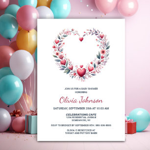 Invitation Baby shower du coeur de fleurs rouges