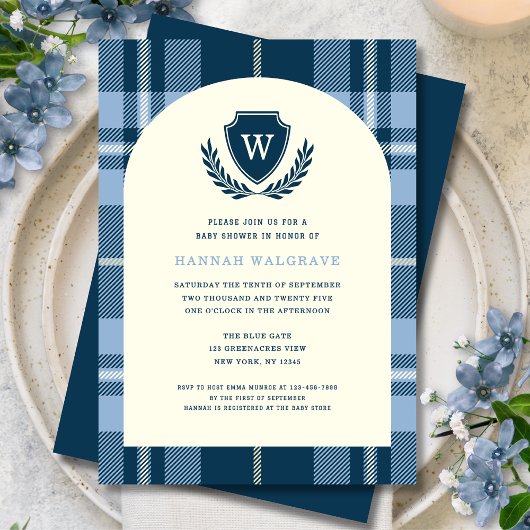 Invitation Baby shower du garçon de Monogramme bleu marine
