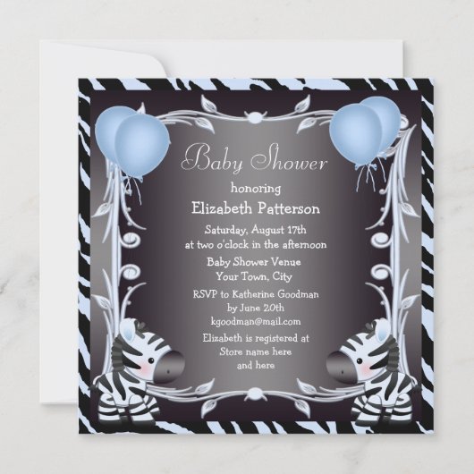 Invitation Baby shower du Poster de animal Blue Zebra & Ballo (Devant)