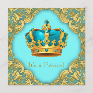 Invitation Baby Shower du Prince Bleu Turquoise et Or