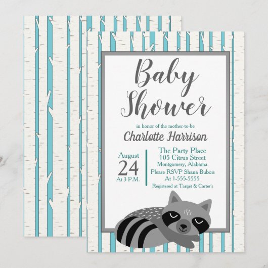 Invitation Baby shower du raton laveur et des bouleaux (Devant / Derrière)